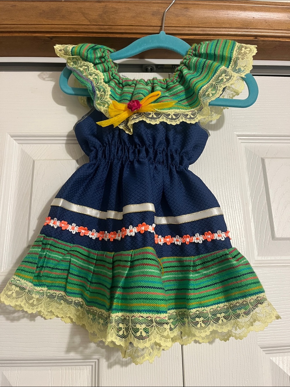 Mexican Stule Blue and Green Ruffled dress with Yellow Lace Accent